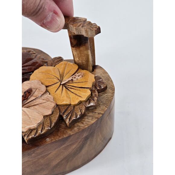 Wooden Carved Heart Hibiscus Floral Flower Puzzle Trinket Jewelry Box - Picture 15 of 16